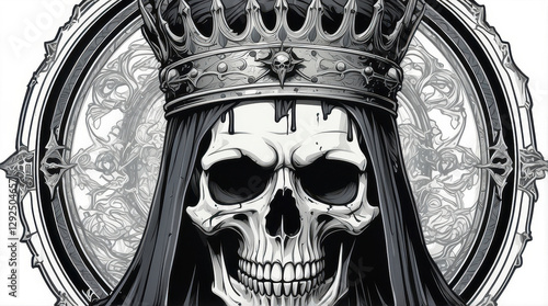 Artistic depiction of a crowned skull surrounded by floral and grunge artistic patterns. Intriguingly dark yet aesthetic illustration, symbolizing concepts like royalty, mortality, beauty, and gothic photo