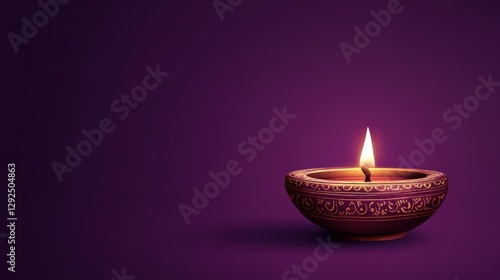 Illuminated Diwali diya on purple background, festival celebration