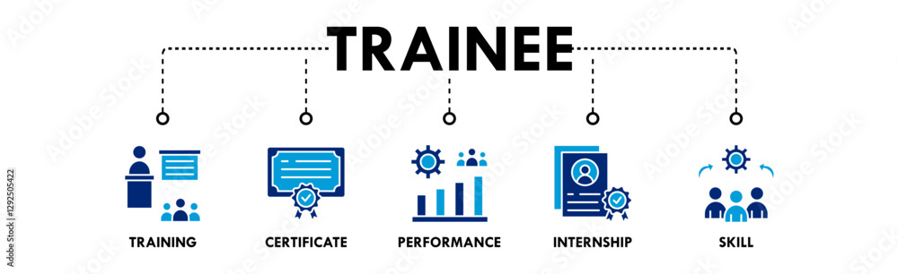 Trainee banner web icon illustration concept with icon of training, certificate, performance, internship, and skill Trainee banner web icon illustration concept with icon of training, certificate, performance, internship, and skill
