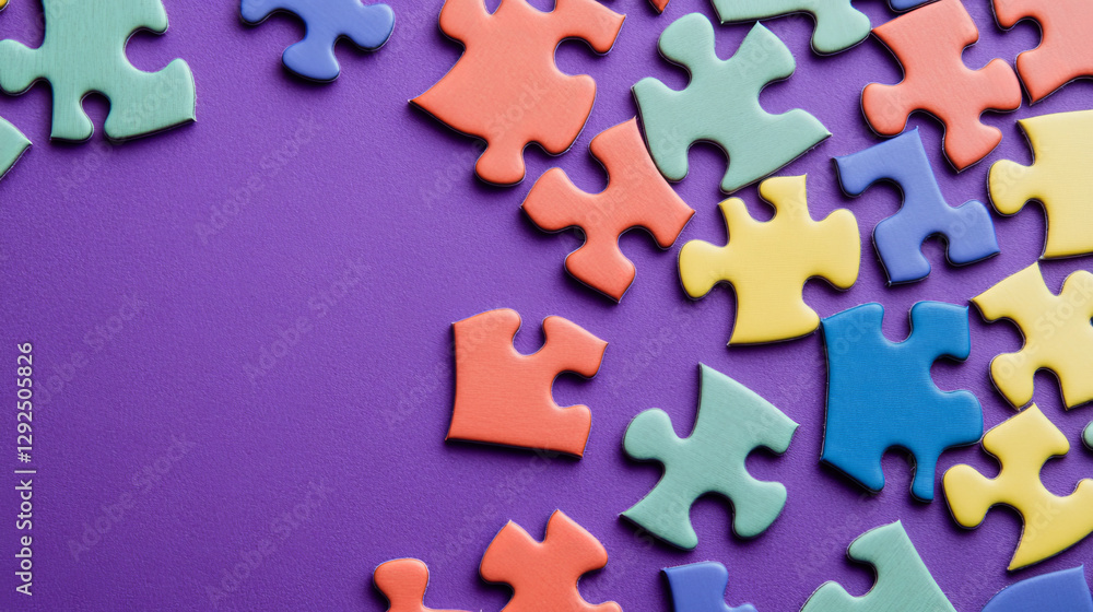 Fototapeta premium Isometric puzzle pieces on purple background. Concept of teamwork, communication, problem or challenge solution. Vector 3d illustration of unfinished colorful jigsaw game