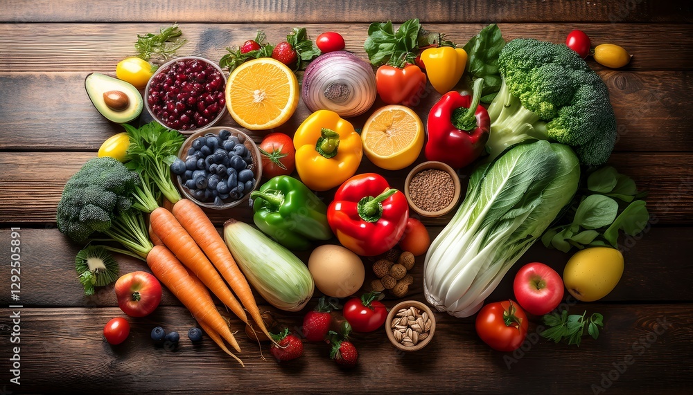 Vibrant Assortment of Fresh Fruits and Vegetables on Rustic Wooden Table Vibrant Assortment of Fresh Fruits and Vegetables on Rustic Wooden Table