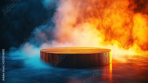 Wallpaper Mural Wooden podium, neon smoke, fire, product display Torontodigital.ca