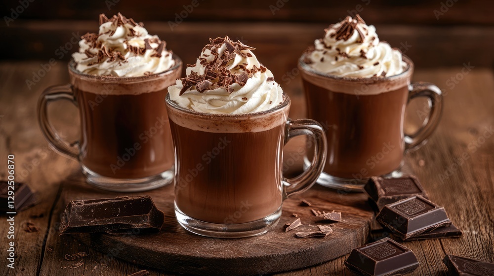 Three Cups of Hot Chocolate with Whipped Cream and Chocolate Shavings Three Cups of Hot Chocolate with Whipped Cream and Chocolate Shavings