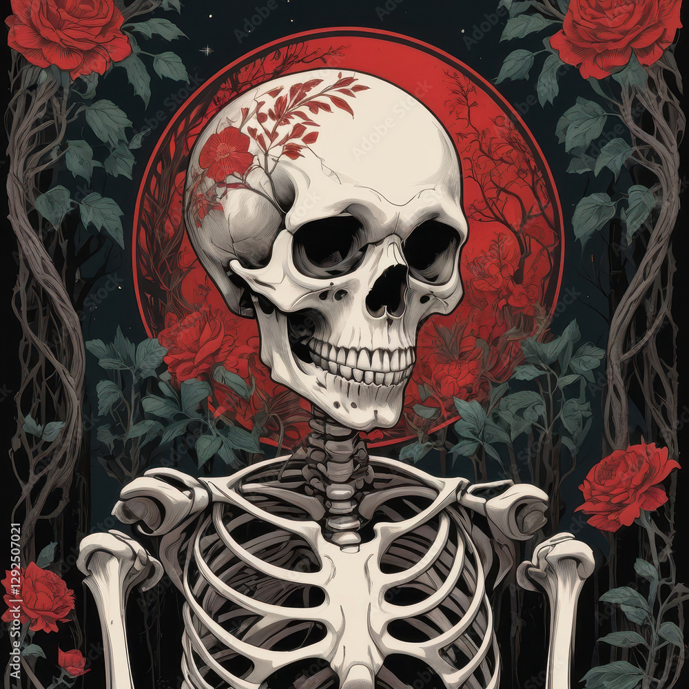 An artistic representation of a human skeleton adorned with red flowers, framed by lush foliage and a crimson moonlit backdrop An artistic representation of a human skeleton adorned with red flowers, framed by lush foliage and a crimson moonlit backdrop
