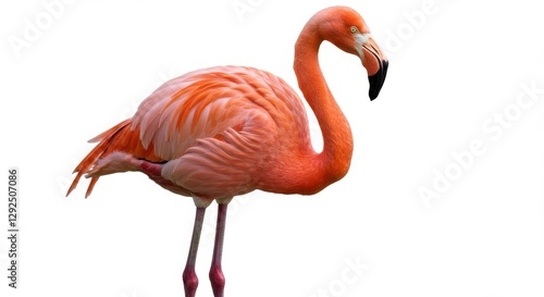 Vibrant pink flamingo, white background, full body profile, long slender neck, curved beak, single leg stance, elegant pose, detailed feathers, photorealistic, photo