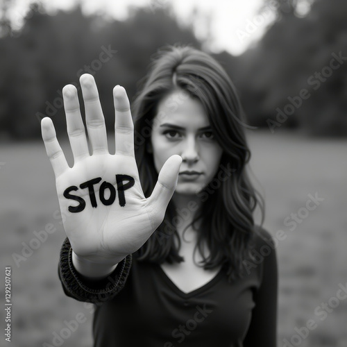 A determined woman with long hair holds up her hand, the word 