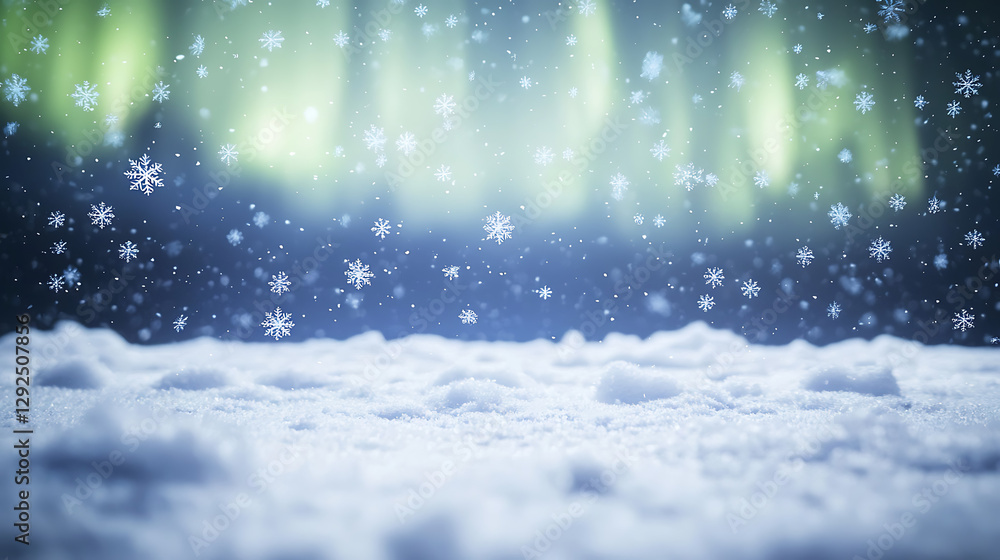 Fototapeta premium A snowy landscape with a bright blue sky and a green aurora