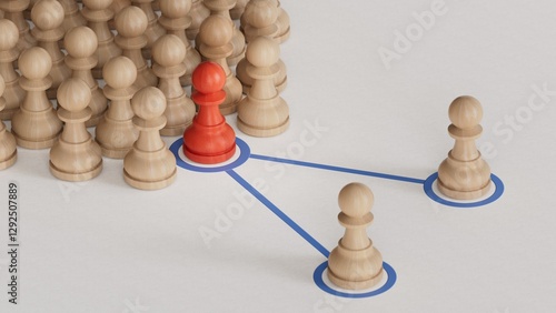 3d illustration of pawns with one pawn replaced by another one. Concept of succession planning and leader or senior manager replacement.