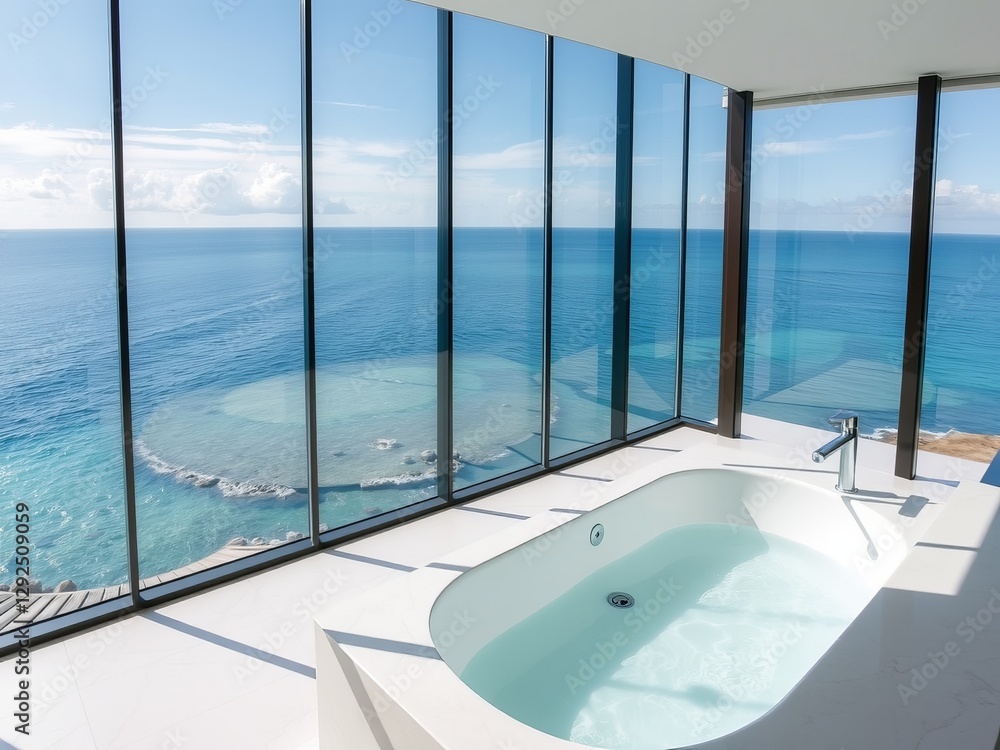 Fototapeta premium Elegant Large Bathtub Surrounded by Luxurious Decor Creating a Tranquil Spa Like Atmosphere at Home