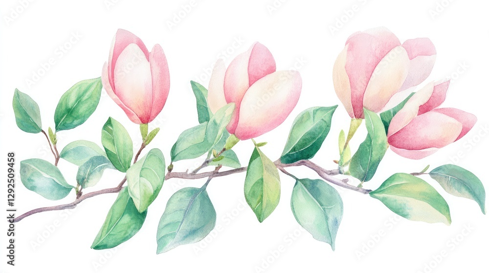 Watercolor Magnolia Flowers and Leaves Isolated on a White Background Watercolor Magnolia Flowers and Leaves Isolated on a White Background
