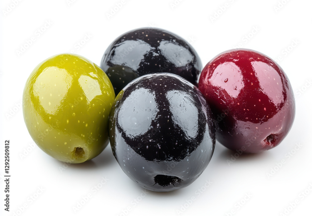 Closeup of Green Black and Red Olives on White Background Closeup of Green Black and Red Olives on White Background