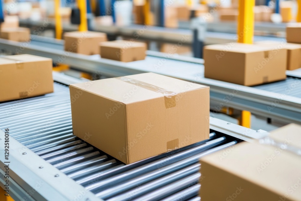 Cardboard boxes move along conveyor, inside distribution warehouse, ready for shipping. Cardboard boxes move along conveyor, inside distribution warehouse, ready for shipping.