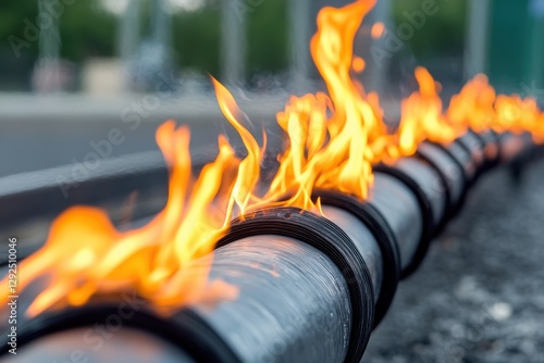 Flames burn along a line of connected pipes, creating a fiery trail, resembling an eternal flame monument. photo