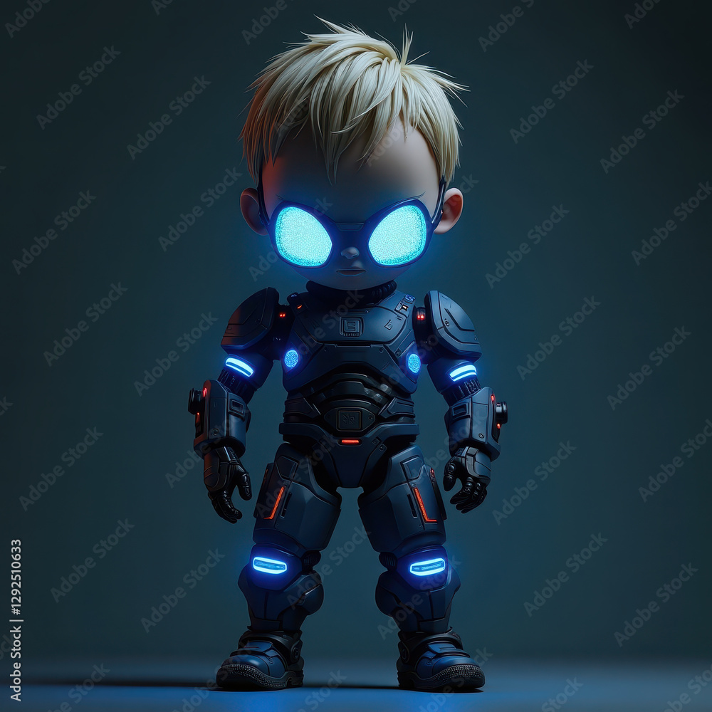 A young boy with a serious expression wearing a futuristic black suit with glowing blue accents and matching glasses A young boy with a serious expression wearing a futuristic black suit with glowing blue accents and matching glasses