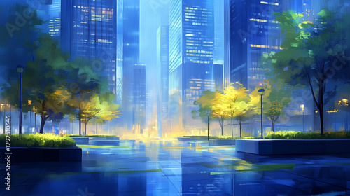 Futuristic Cityscape with Luminous Park Background
