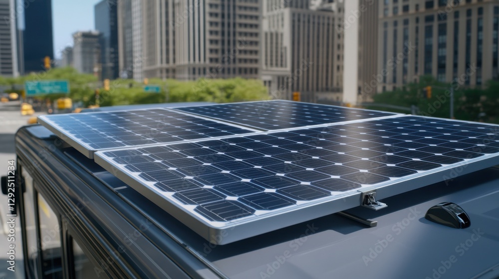 Fototapeta premium Solar panels are installed on the roof of a vehicle, providing sustainable energy in an urban setting.