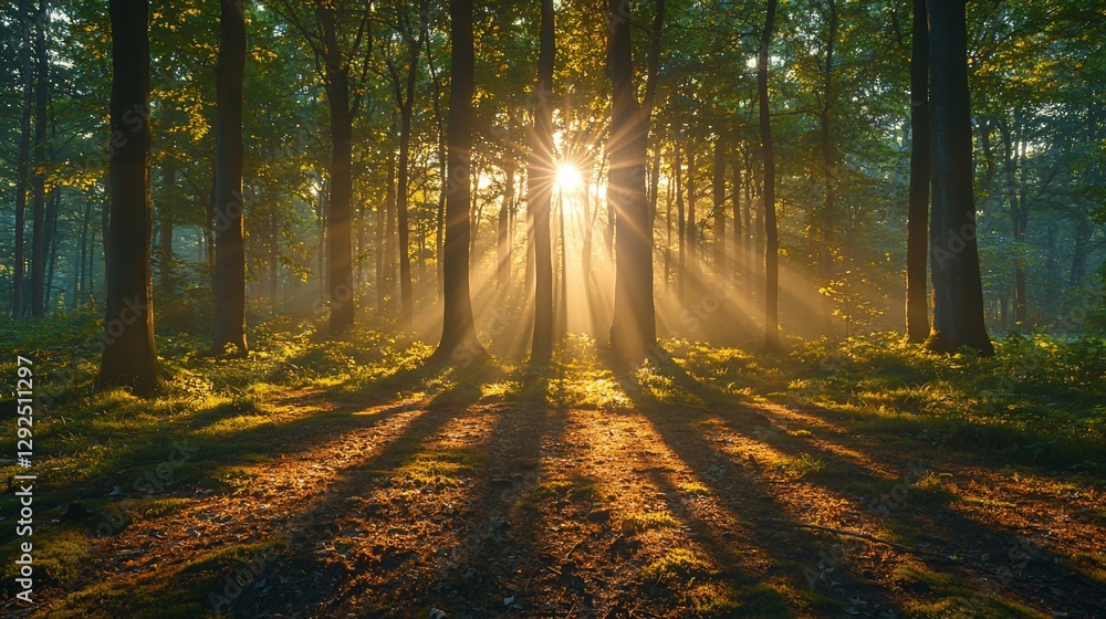 Fototapeta premium Sunbeams pierce misty forest at sunrise.