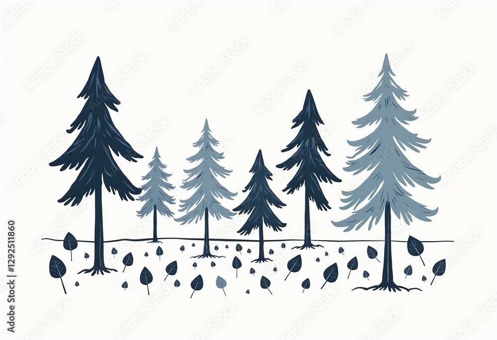 Fototapeta premium Hand-Crafted Tree and Leaf Illustrations in Bold Navy: Simple, Elegant Vector Graphics on Light Gray, Perfect for Natural Product Labels, Organic Branding, and Rustic Invitations.