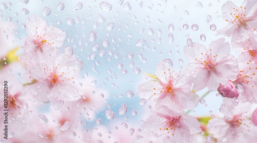 Fototapeta premium Serene Spring View Through a Glass Window with Water Droplets and Soft Pink Cherry Blossoms in Full Bloom