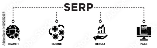 SERP banner web icon vector illustration concept for search engine result page with icon of web search, computer, search engine, mobile search, page result, and statistics graph