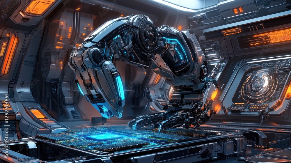 Fototapeta premium Cybernetic Hand Interacting with Futuristic Technology