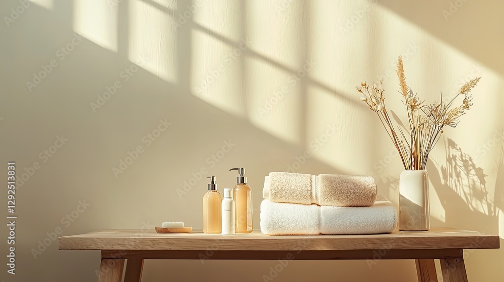 Bathroom accessories arranged on a wooden table with sunlit background Bathroom accessories arranged on a wooden table with sunlit background