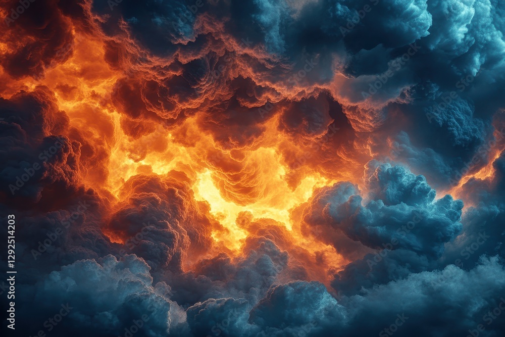 Dramatic Fiery Clouds Illuminated by Vibrant Orange and Blue Hues in a Dynamic Sky Scene Dramatic Fiery Clouds Illuminated by Vibrant Orange and Blue Hues in a Dynamic Sky Scene