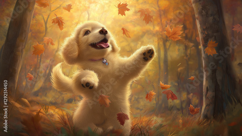 Happy Puppy Playing in Autumn Leaves
