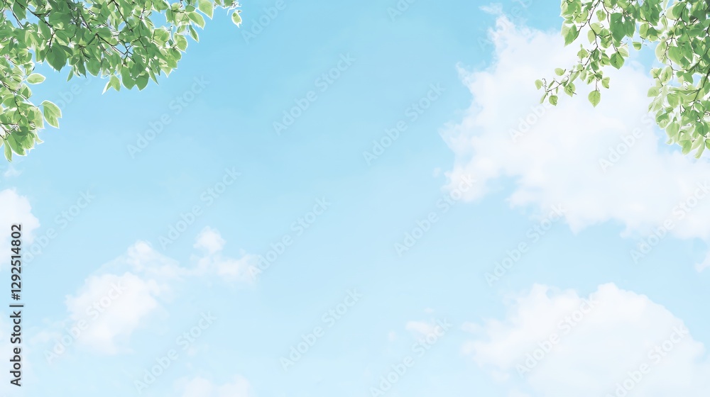 Bright Blue Sky with Fluffy White Clouds and Green Leaves