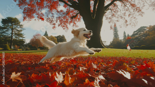 Golden Retriever Leaping Through Autumn Leaves
