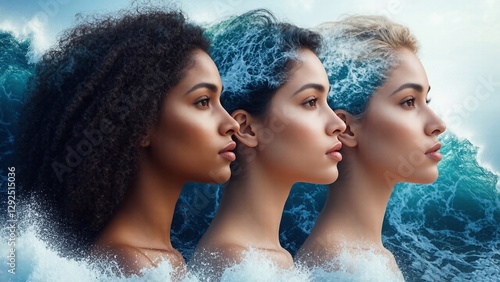 Three women of different ethnicities in profile, their faces merging with the sea, representing emotional depth, connection, and resilience.