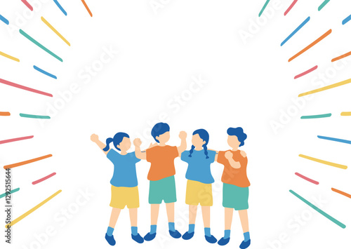 肩を組み、ガッツポーズをする子供たち