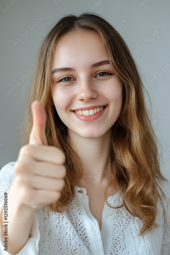 Happy girl with a humorous thumbs-up showing all is well today
Happy girl with a humorous thumbs-up showing all is well today