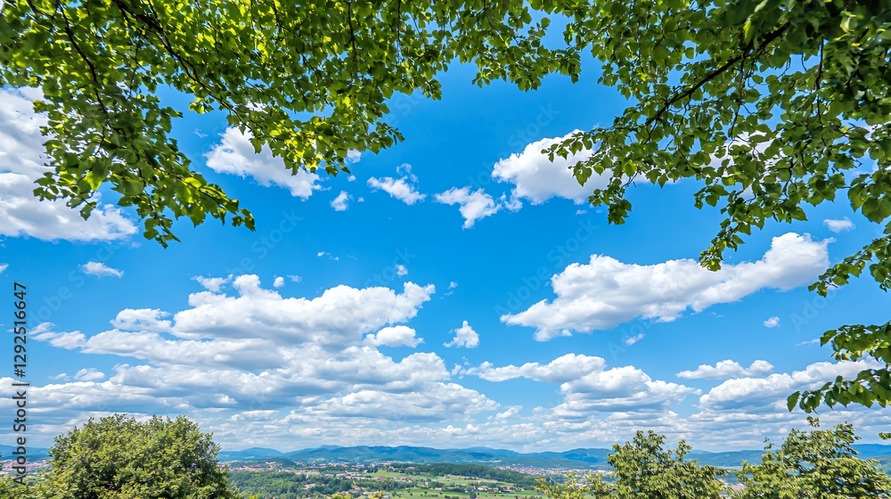Bright Blue Sky with Puffy White Clouds Viewed Through Lush Green Tree Branches Bright Blue Sky with Puffy White Clouds Viewed Through Lush Green Tree Branches