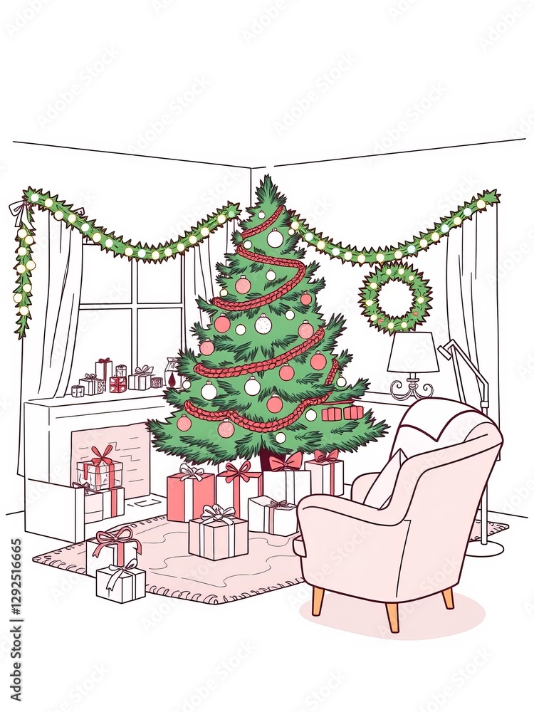 Festive Living Room with Beautifully Decorated Christmas Tree Surrounded by Colorful Wrapped Presents Festive Living Room with Beautifully Decorated Christmas Tree Surrounded by Colorful Wrapped Presents