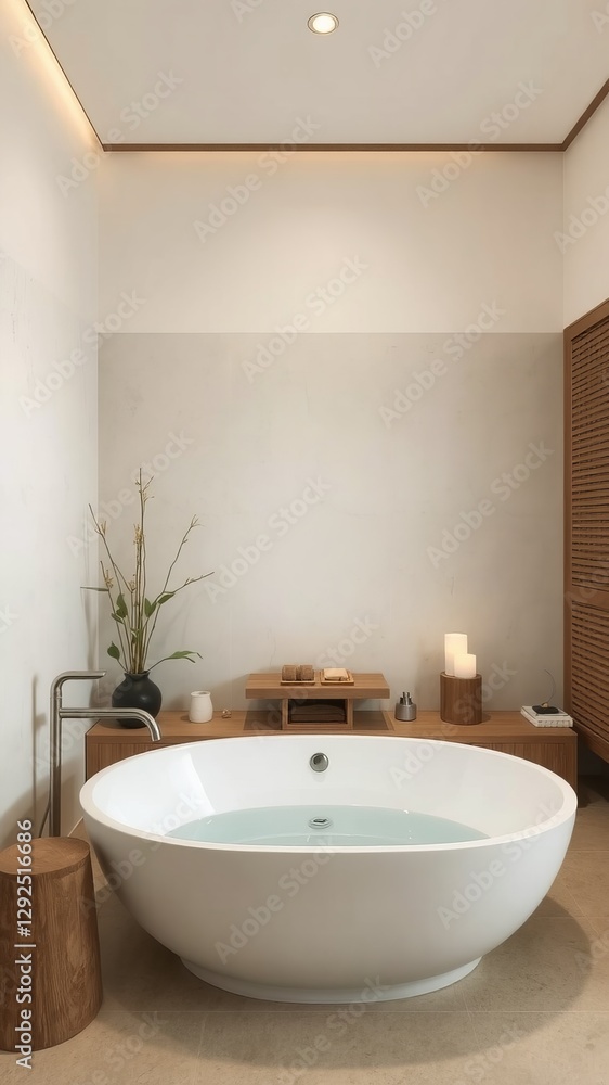 Elegant Bathroom Setting Featuring a Cozy Bathtub and Rustic Wooden Stool for Relaxation and Comfort Elegant Bathroom Setting Featuring a Cozy Bathtub and Rustic Wooden Stool for Relaxation and Comfort