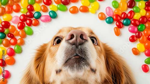 Dog Surrounded by Colorful Jelly Beans
