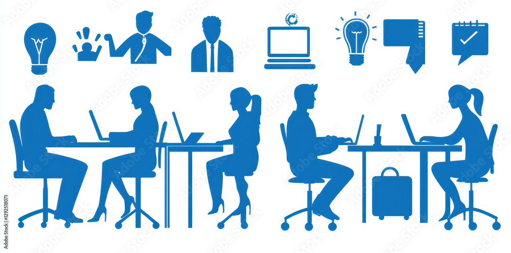 Collaborative workspace with professionals engaged in discussions and tasks. Icons represent ideas, teamwork, and productivity. vibrant environment for innovation and creativity