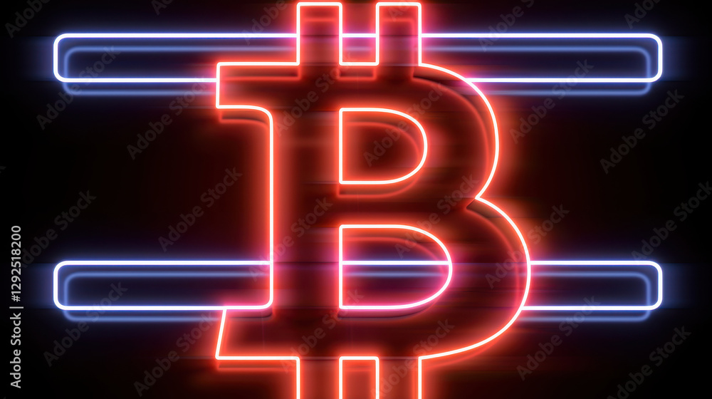 Glowing neon Bitcoin symbol on a dark background