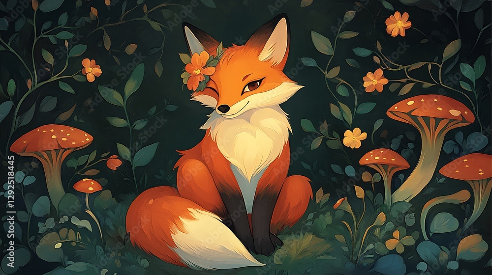 Fototapeta premium Charming Fox in Enchanting Forest Digital Painting AI Generated