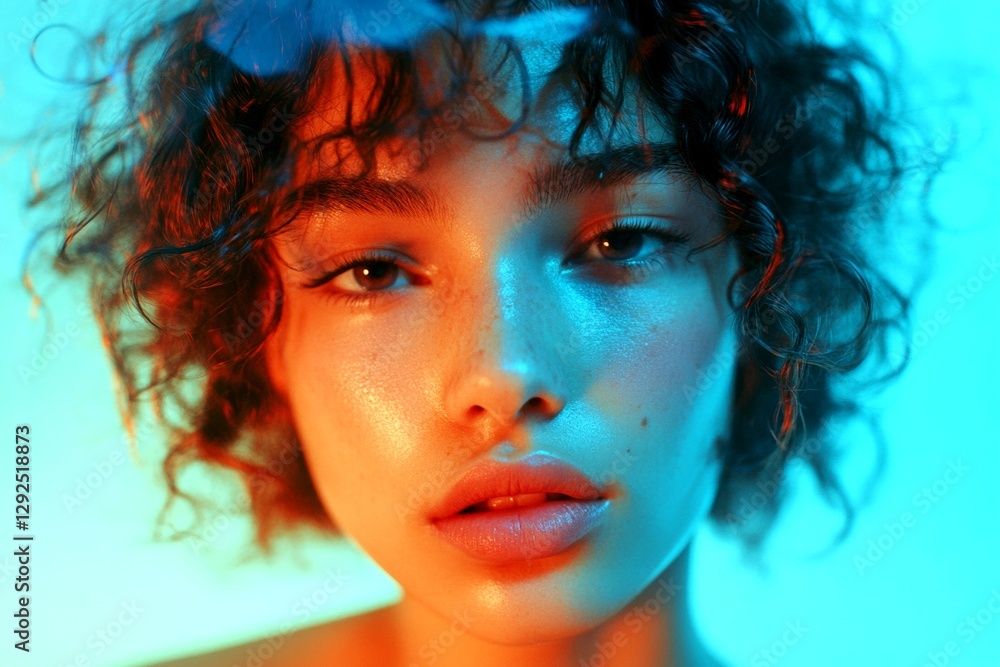 Commercial promotion visual idea. Short trim - curly hair. Stunning calm mixed-race girl - for ads, lane poster and internet use. Colored concept look. Short hair portrait. Short hair model. Commercial promotion visual idea. Short trim - curly hair. Stunning calm mixed-race girl - for ads, lane poster and internet use. Colored concept look. Short hair portrait. Short hair model.