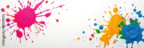 Vibrant Colorful Paint Splatters on Clean White Canvas Evoking Creativity and Artistic Expression
