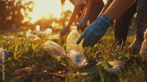 Volunteer Picking Up Plastic Bottles in a Park