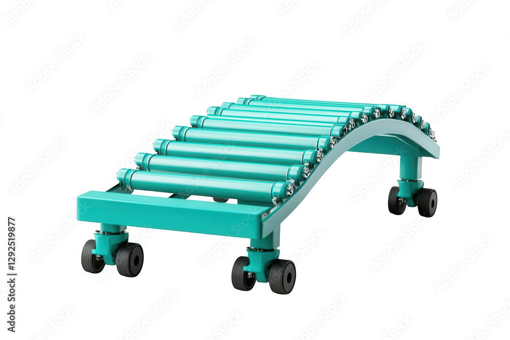 Roller conveyor system designed for efficient material handling in warehouses and industrial environments featuring a sleek turquoise finish and mobile base Roller conveyor system designed for efficient material handling in warehouses and industrial environments featuring a sleek turquoise finish and mobile base