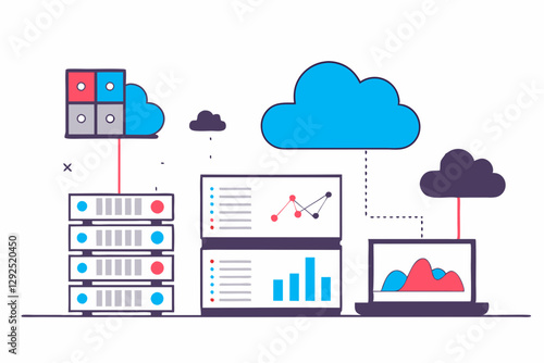 A flat vector illustration of a cloud computing and data storage setup. It features a central cloud with data flowing to and from servers, databases, and a laptop, symbolizing data management