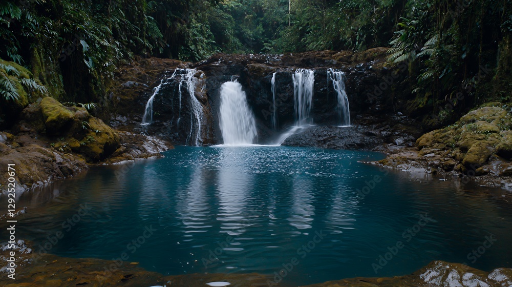 Fototapeta premium Serene Waterfall in Lush Tropical Forest