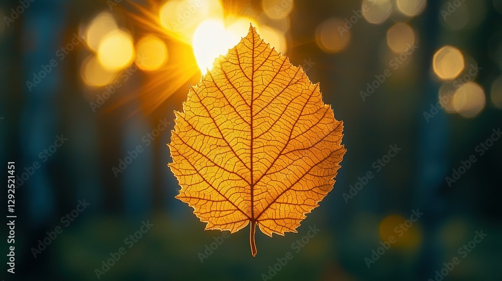 Autumn leaf backlit by sunbeams in forest Autumn leaf backlit by sunbeams in forest