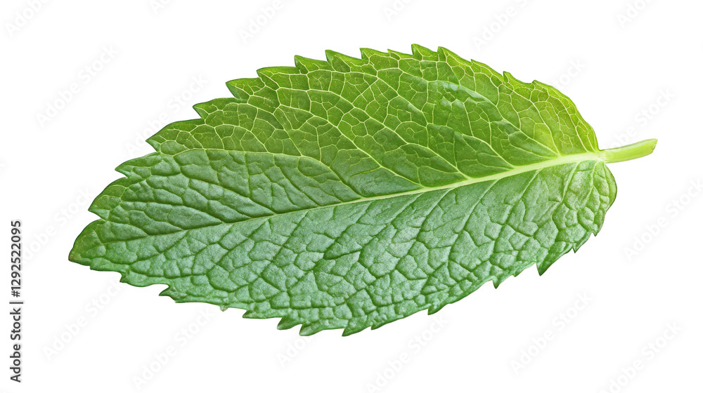 single green mint leaf. showcasing its textured surface and serrated edges the leaf is placed against a white background. highlighting its vibrant color and natural beauty. often used in culinary dish single green mint leaf. showcasing its textured surface and serrated edges the leaf is placed against a white background. highlighting its vibrant color and natural beauty. often used in culinary dish