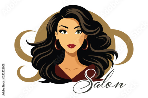 Stylish woman with elegant long hair in front of a salon logo showcasing beauty and hair care