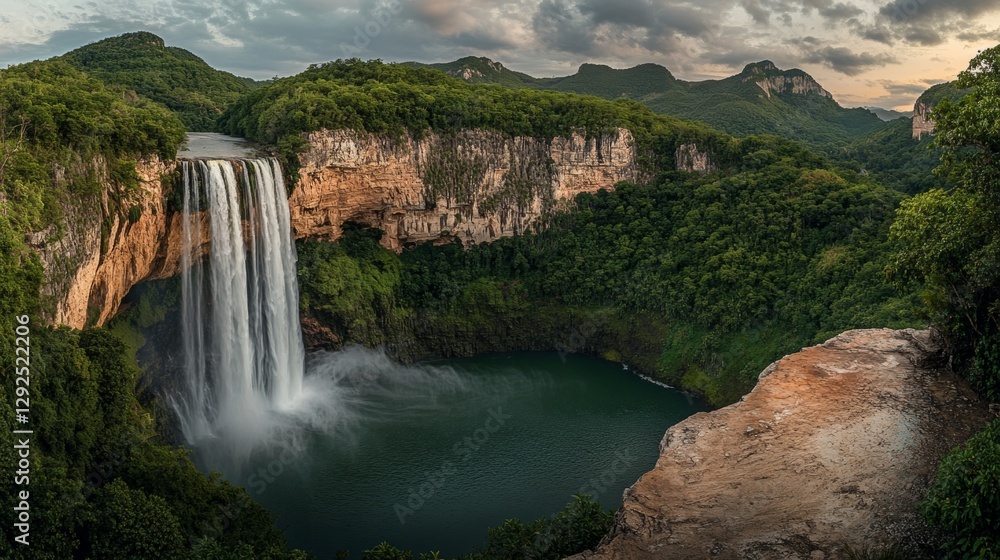 Majestic Waterfall: Panoramic View of Cascading Water on Lush Green Cliffs Majestic Waterfall: Panoramic View of Cascading Water on Lush Green Cliffs